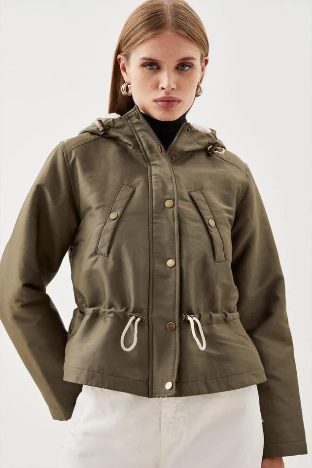 Coats and Jackets Women Karen Millen Faux Fur Lined Hybrid Longline Trench Coat Khaki