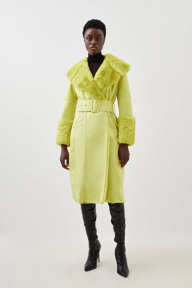 Coats and Jackets Women Karen Millen Faux Shearling Collar and Cuff Belted Long Coat Lime Coats and Jackets Women Karen Millen Faux Shearling Collar and Cuff Belted Long Coat Lime