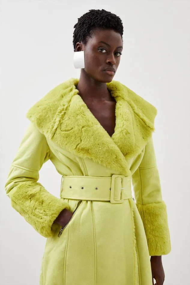 Coats and Jackets Women Karen Millen Faux Shearling Collar and Cuff Belted Long Coat Lime