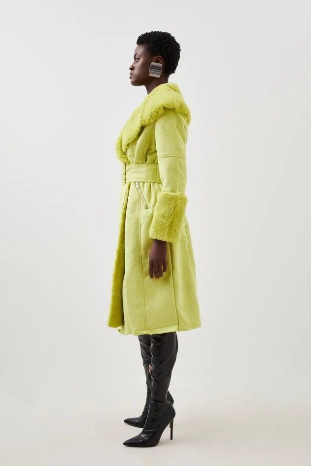 Coats and Jackets Women Karen Millen Faux Shearling Collar and Cuff Belted Long Coat Lime