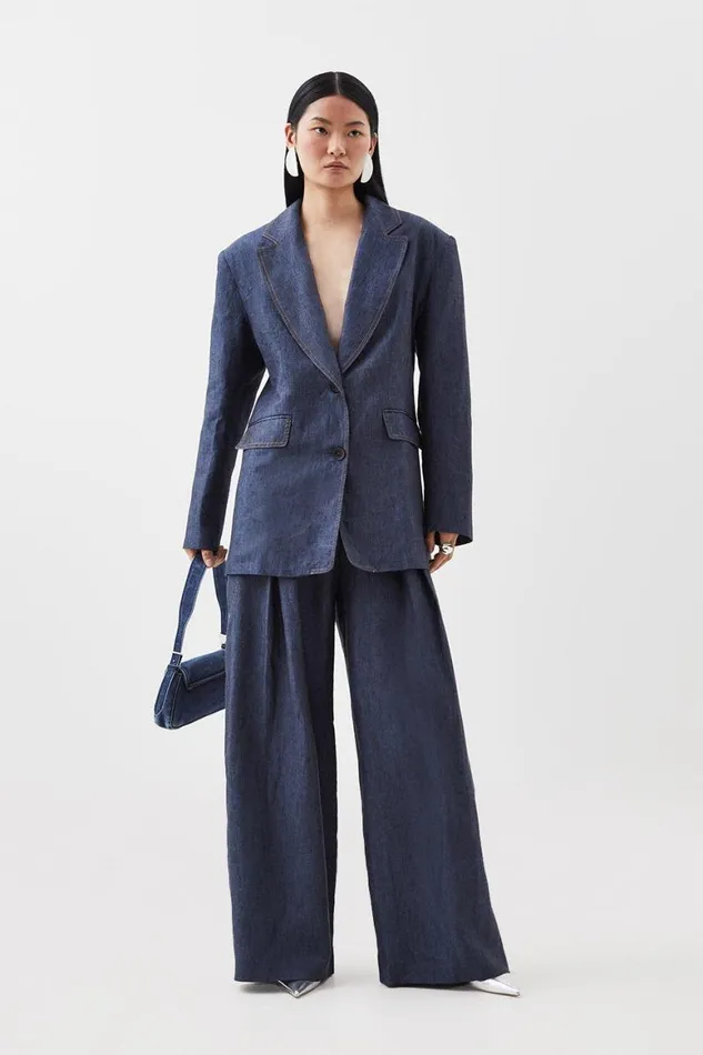 Coats and Jackets Women Karen Millen Indigo Linen Single Breasted Tailored Jacket Indigo