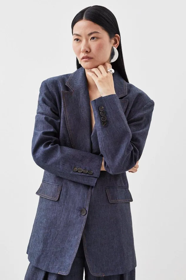 Coats and Jackets Women Karen Millen Indigo Linen Single Breasted Tailored Jacket Indigo