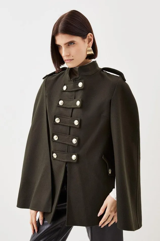Coats and Jackets Women Karen Millen Italian Manteco Wool Blend Buckle Detail Cape Coat Khaki Coats and Jackets Women Karen Millen Italian Manteco Wool Blend Buckle Detail Cape Coat Khaki