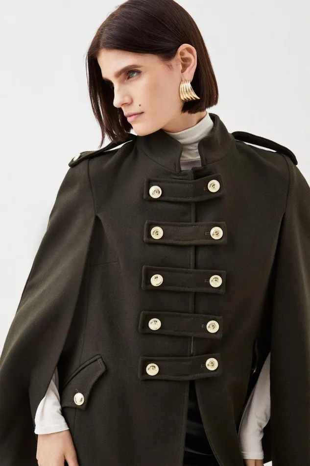 Coats and Jackets Women Karen Millen Italian Manteco Wool Blend Buckle Detail Cape Coat Khaki