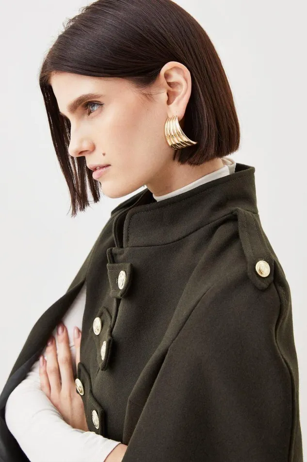Coats and Jackets Women Karen Millen Italian Manteco Wool Blend Buckle Detail Cape Coat Khaki
