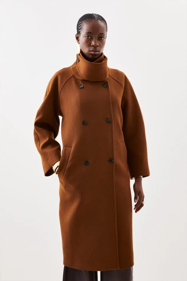 Coats and Jackets Women Karen Millen Italian Manteco Wool Blend High Neck Rounded Coat Toffee