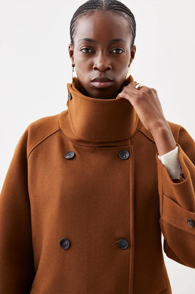 Coats and Jackets Women Karen Millen Italian Manteco Wool Blend High Neck Rounded Coat Toffee