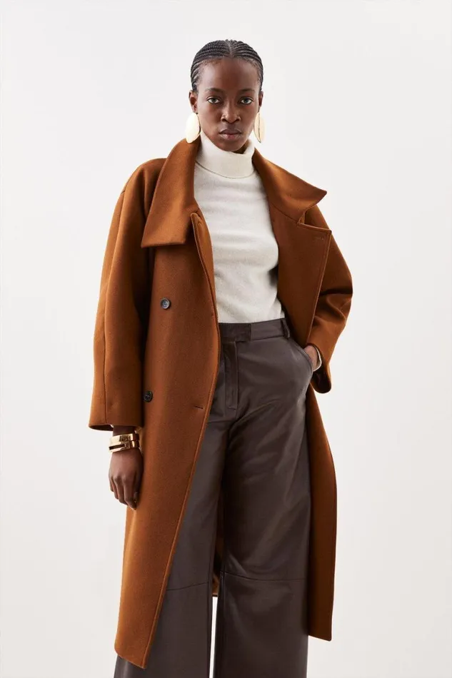 Coats and Jackets Women Karen Millen Italian Manteco Wool Blend High Neck Rounded Coat Toffee