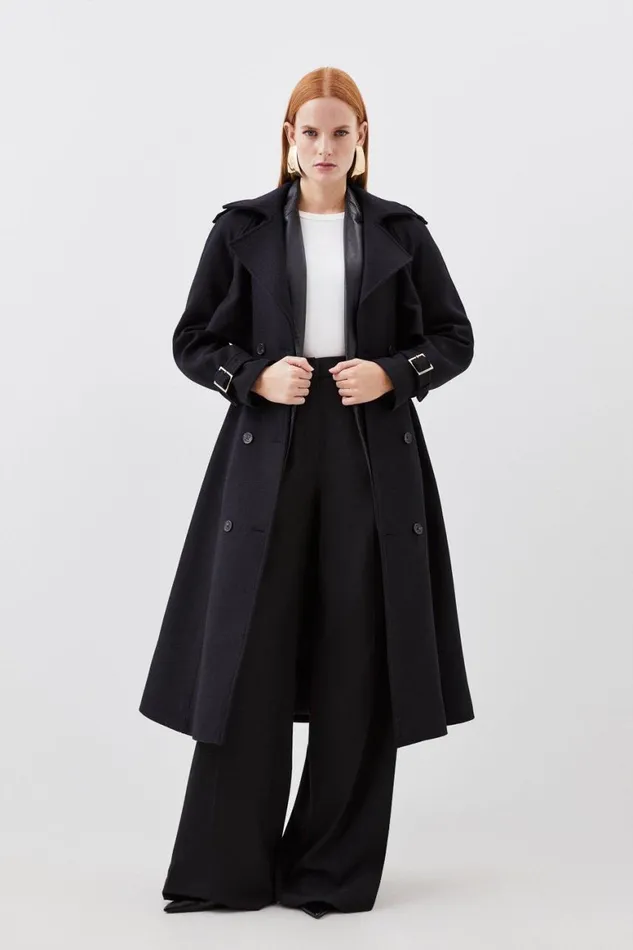 Coats and Jackets Women Karen Millen Italian Manteco Wool Blend Tailored Belted Trench Coat Black Coats and Jackets Women Karen Millen Italian Manteco Wool Blend Tailored Belted Trench Coat Black