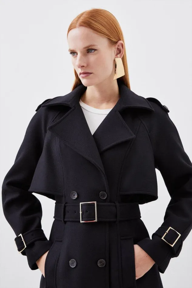 Coats and Jackets Women Karen Millen Italian Manteco Wool Blend Tailored Belted Trench Coat Black
