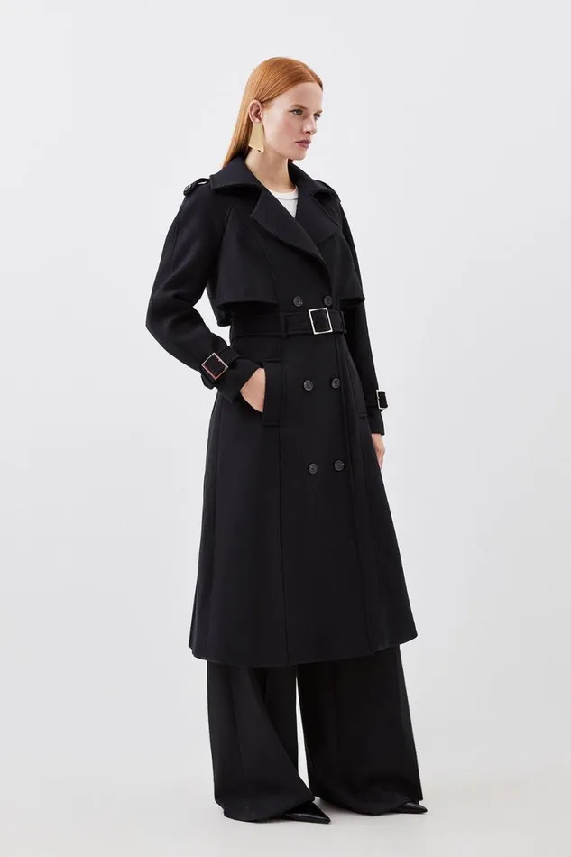 Coats and Jackets Women Karen Millen Italian Manteco Wool Blend Tailored Belted Trench Coat Black