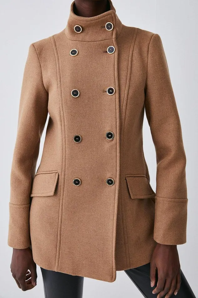 Coats and Jackets Women Karen Millen Italian Manteco Wool Mix Double Breasted Short Formal Coat Camel