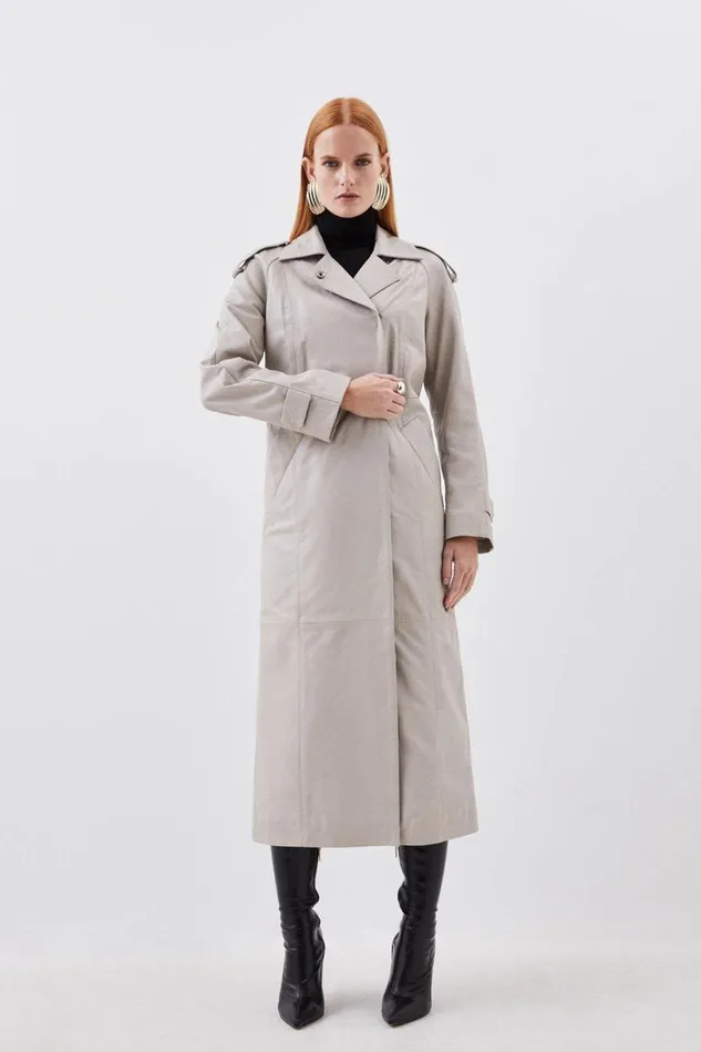 Coats and Jackets Women Karen Millen Leather Minimal Clean Midi Coat Oatmeal