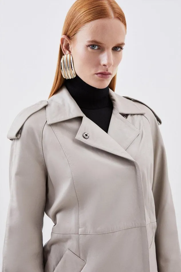 Coats and Jackets Women Karen Millen Leather Minimal Clean Midi Coat Oatmeal
