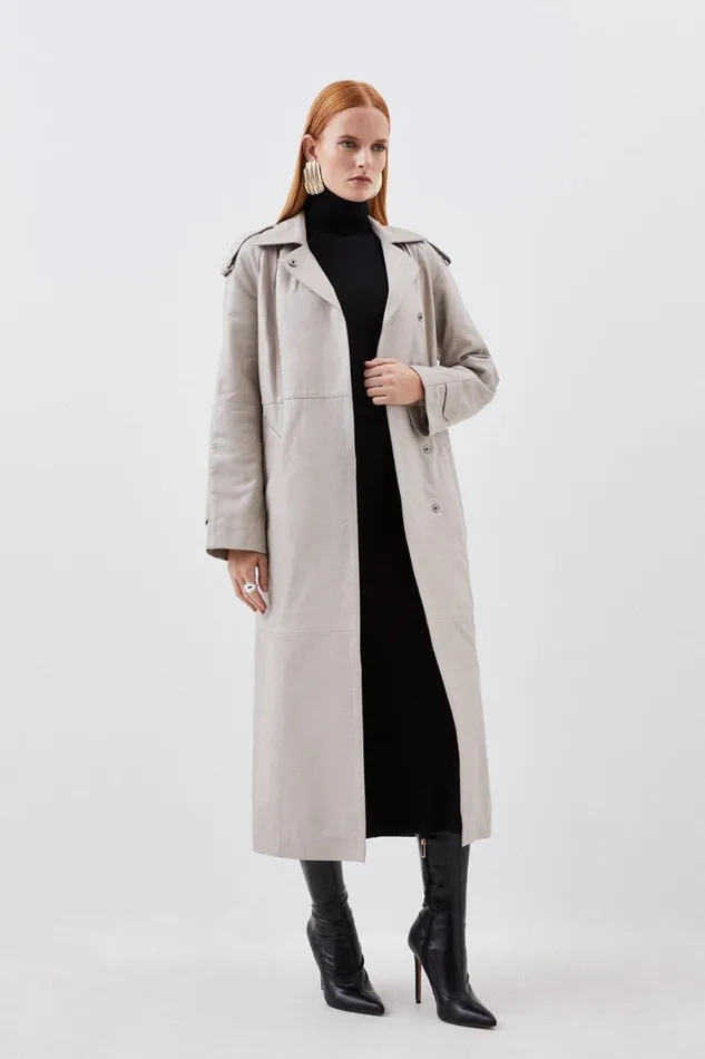 Coats and Jackets Women Karen Millen Leather Minimal Clean Midi Coat Oatmeal
