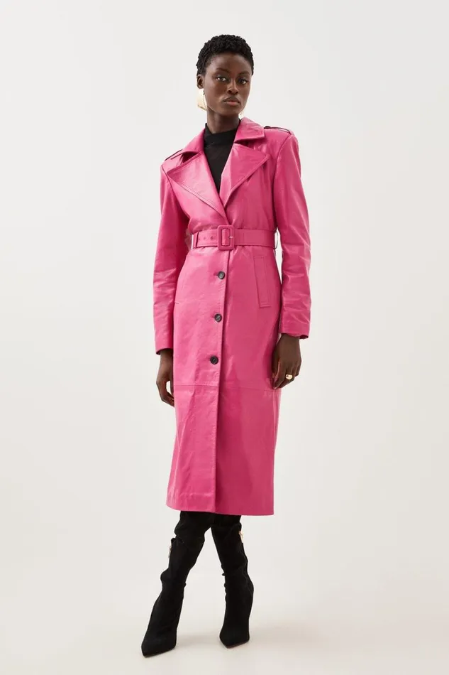 Coats and Jackets Women Karen Millen Leather Structured Collared Belted Coat Hot Pink Coats and Jackets Women Karen Millen Leather Structured Collared Belted Coat Hot Pink