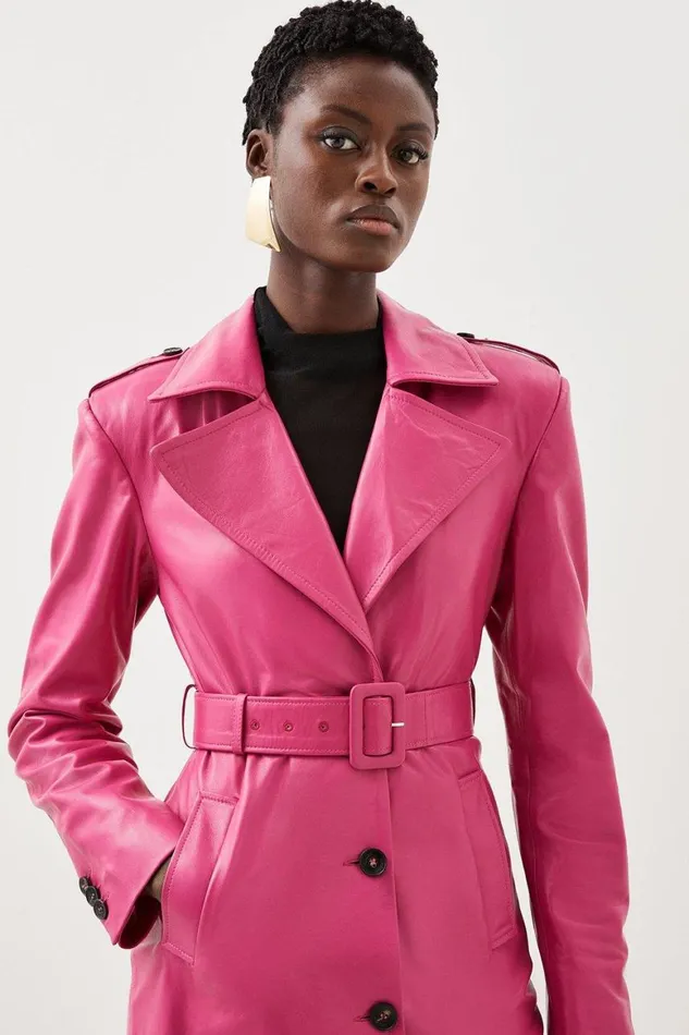 Coats and Jackets Women Karen Millen Leather Structured Collared Belted Coat Hot Pink