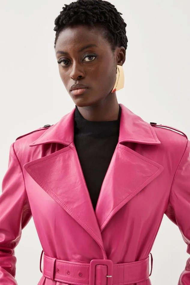 Coats and Jackets Women Karen Millen Leather Structured Collared Belted Coat Hot Pink