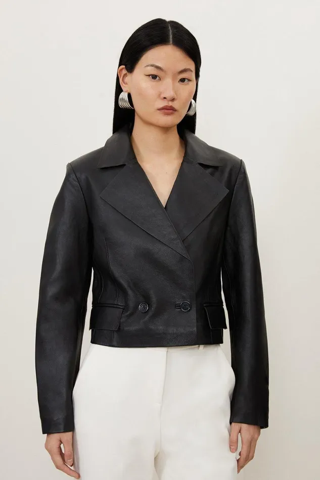Coats and Jackets Women Karen Millen Leather Tab Detail Double Breasted Cropped Blazer Black Coats and Jackets Women Karen Millen Leather Tab Detail Double Breasted Cropped Blazer Black