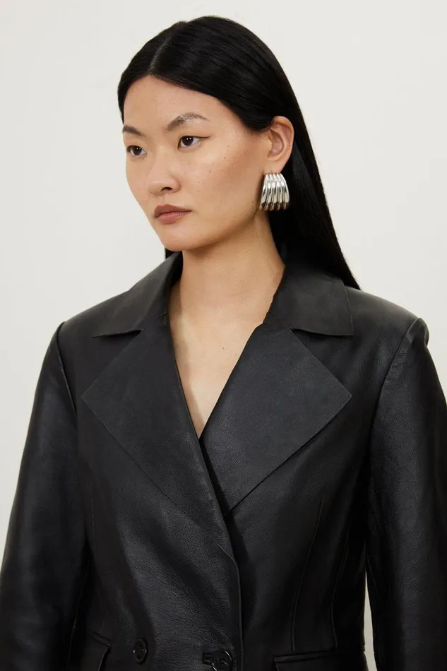 Coats and Jackets Women Karen Millen Leather Tab Detail Double Breasted Cropped Blazer Black