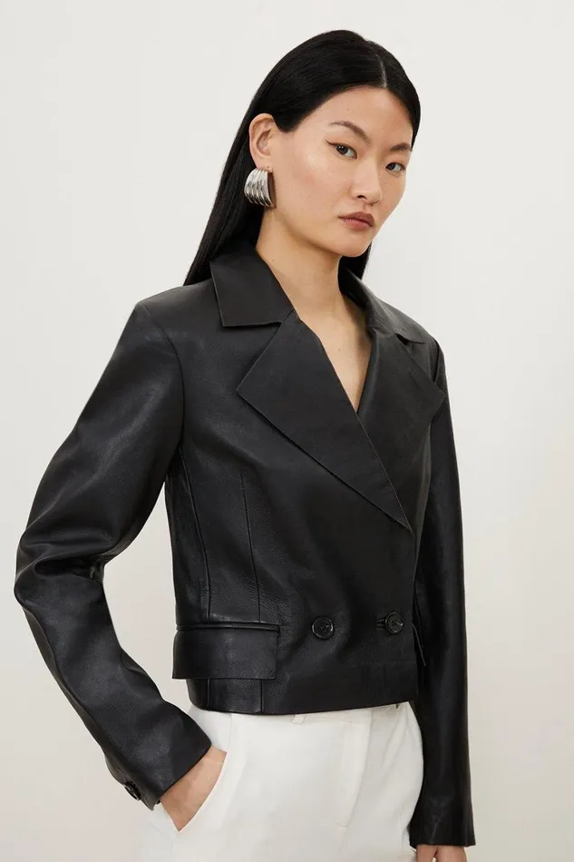 Coats and Jackets Women Karen Millen Leather Tab Detail Double Breasted Cropped Blazer Black