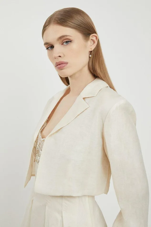 Coats and Jackets Women Karen Millen Lydia Millen Slub Organdie Woven Cropped Jacket Ivory