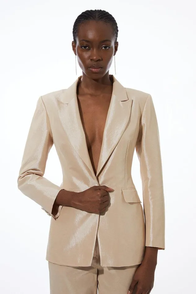 Coats and Jackets Women Karen Millen Metallic Taffeta Single Breasted Tailored Blazer Champagne Coats and Jackets Women Karen Millen Metallic Taffeta Single Breasted Tailored Blazer Champagne