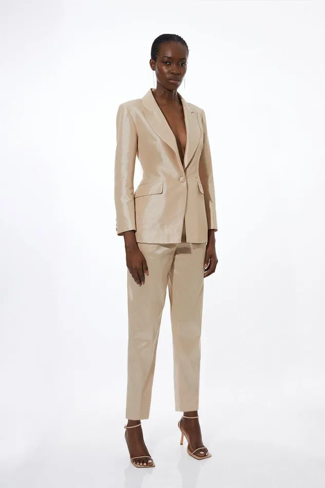 Coats and Jackets Women Karen Millen Metallic Taffeta Single Breasted Tailored Blazer Champagne