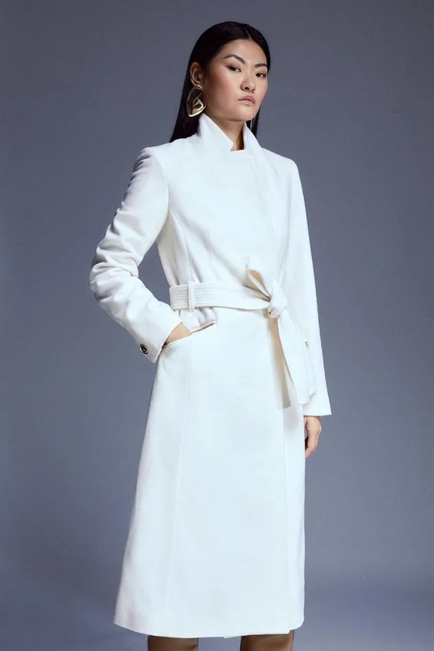 Coats and Jackets Women Karen Millen Petite Italian Manteco Wool Forever Notch Neck Midi Coat Ivory