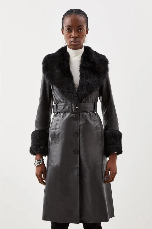 Coats and Jackets Women Karen Millen Petite Shearling Cuff And Collar Leather Coat Black Coats and Jackets Women Karen Millen Petite Shearling Cuff And Collar Leather Coat Black