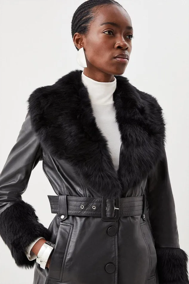 Coats and Jackets Women Karen Millen Petite Shearling Cuff And Collar Leather Coat Black