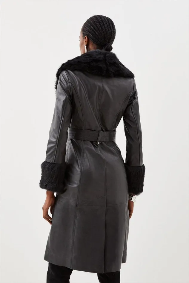 Coats and Jackets Women Karen Millen Petite Shearling Cuff And Collar Leather Coat Black