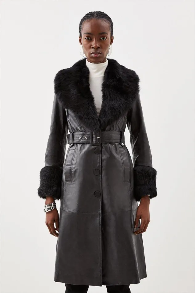 Coats and Jackets Women Karen Millen Shearling Cuff And Collar Leather Coat Black Coats and Jackets Women Karen Millen Shearling Cuff And Collar Leather Coat Black