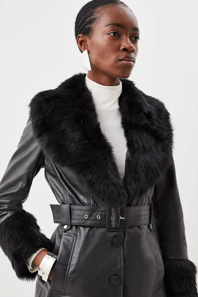 Coats and Jackets Women Karen Millen Shearling Cuff And Collar Leather Coat Black