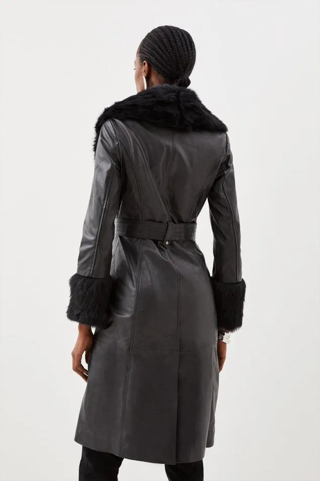 Coats and Jackets Women Karen Millen Shearling Cuff And Collar Leather Coat Black