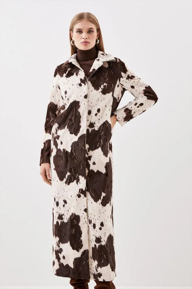 Coats and Jackets Women Karen Millen Signature Faux Ponyskin Cow Print Collared Midi Coat Multi