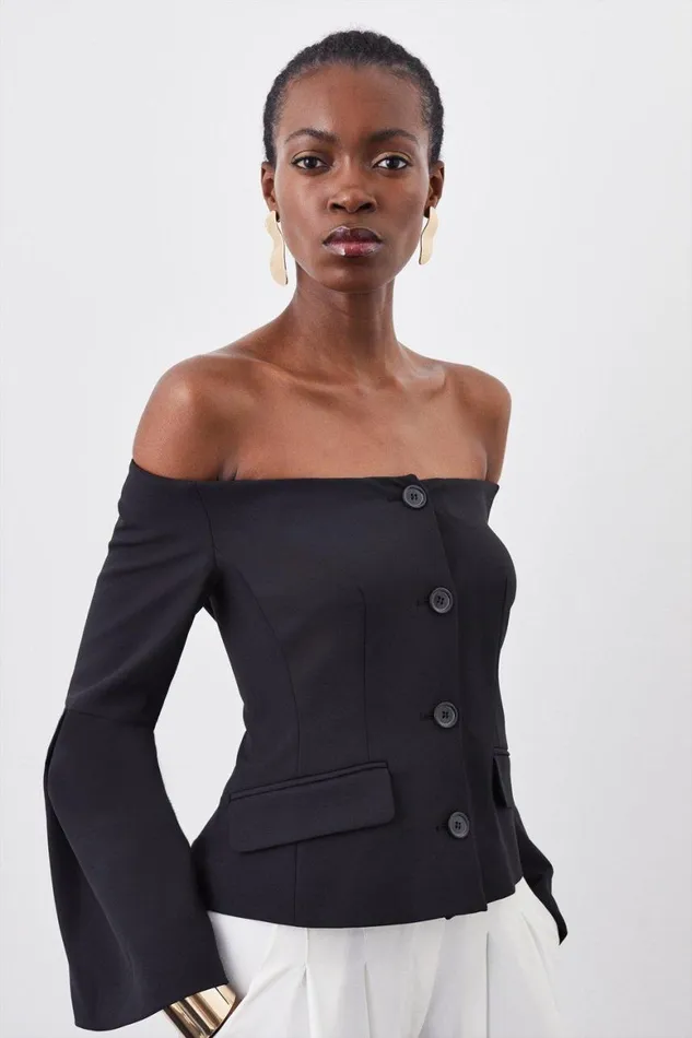 Coats and Jackets Women Karen Millen Stretch Crepe Sleeve Detail Bandeau Tailored Jacket Black