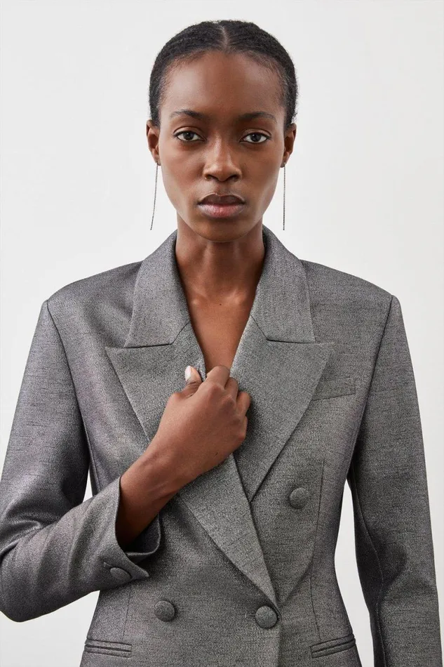 Coats and Jackets Women Karen Millen Tailored Compact Stretch SparkleTuxedo Blazer Silver Grey