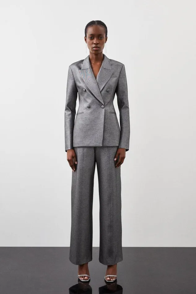 Coats and Jackets Women Karen Millen Tailored Compact Stretch SparkleTuxedo Blazer Silver Grey