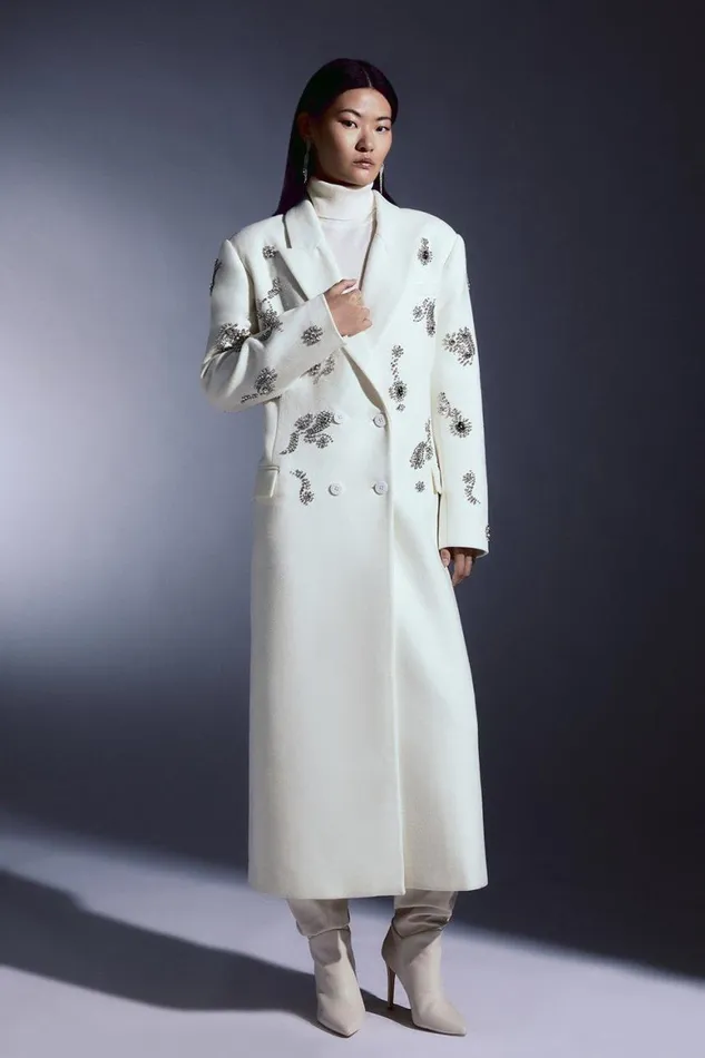 Coats and Jackets Women Karen Millen Tailored Wool Blend Embellished Maxi Coat Ivory Coats and Jackets Women Karen Millen Tailored Wool Blend Embellished Maxi Coat Ivory