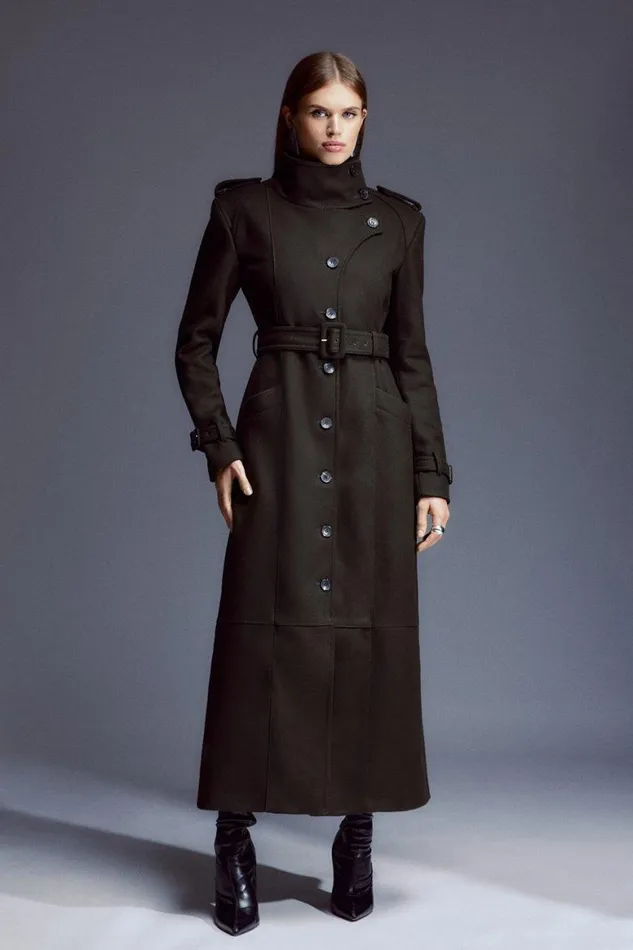 Coats and Jackets Women Karen Millen Tailored Wool Blend High Neck Belted Maxi Coat Khaki Coats and Jackets Women Karen Millen Tailored Wool Blend High Neck Belted Maxi Coat Khaki