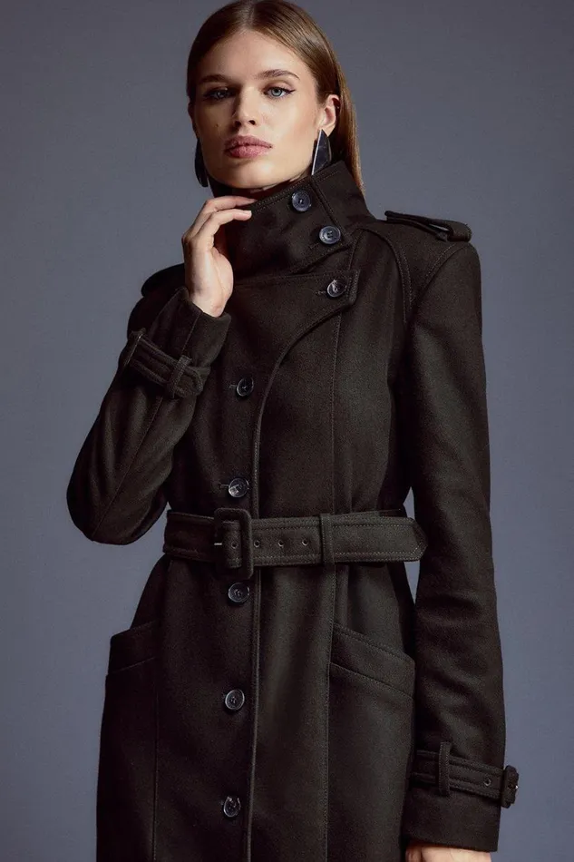 Coats and Jackets Women Karen Millen Tailored Wool Blend High Neck Belted Maxi Coat Khaki