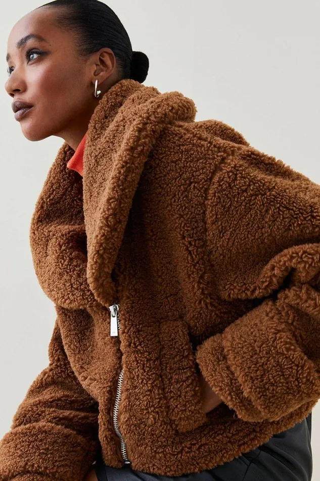 Coats and Jackets Women Karen Millen Teddy Short Cosy Coat Toffee