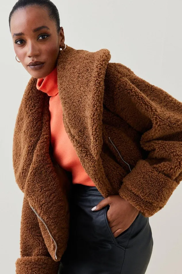 Coats and Jackets Women Karen Millen Teddy Short Cosy Coat Toffee
