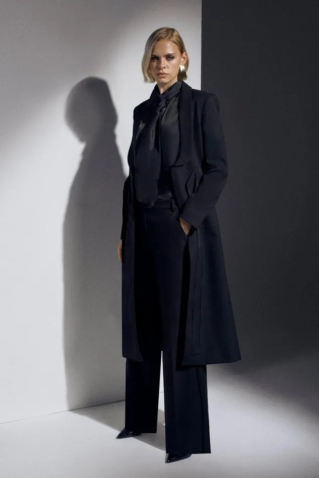 Coats and Jackets Women Karen Millen The Founder Premium Twill Tie Waist Detail Maxi Coat Black