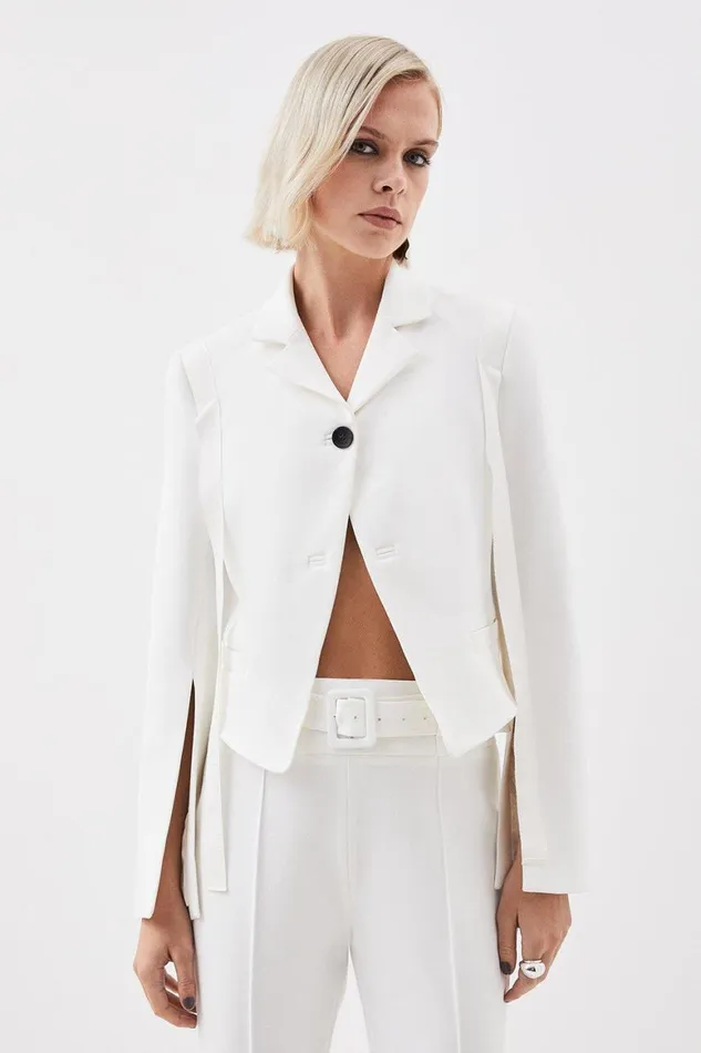 Coats and Jackets Women Karen Millen The Founder Tailored Compact Stretch Tie Detail Jacket Ivory Coats and Jackets Women Karen Millen The Founder Tailored Compact Stretch Tie Detail Jacket Ivory
