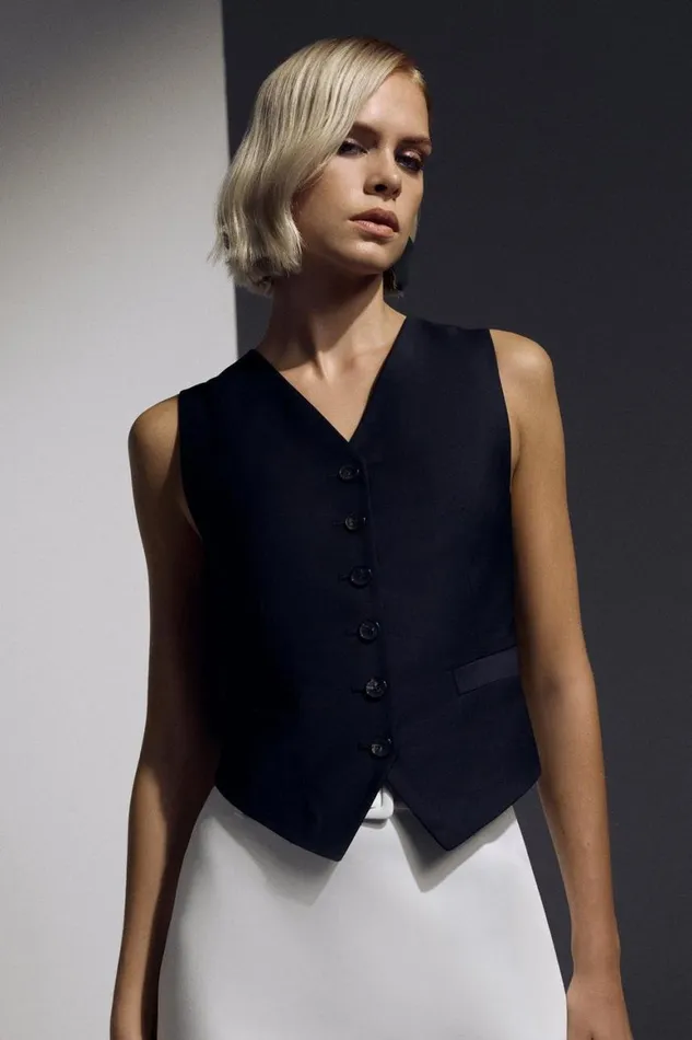 Coats and Jackets Women Karen Millen The Founder Tailored Wool Blend Tie Detail Waistcoat Black