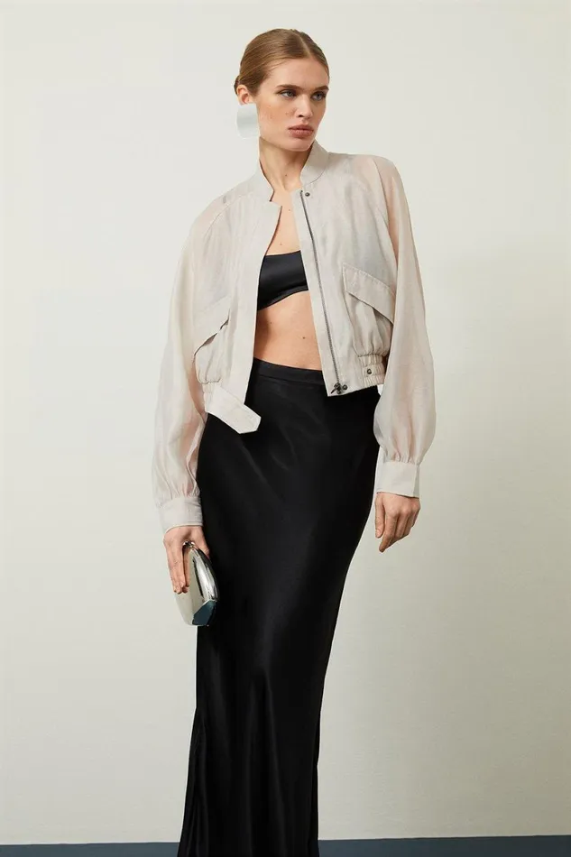 Coats and Jackets Women Karen Millen Woven Organdie Bomber Jacket Champagne
