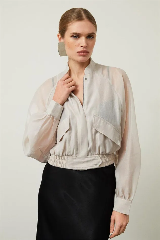 Coats and Jackets Women Karen Millen Woven Organdie Bomber Jacket Champagne