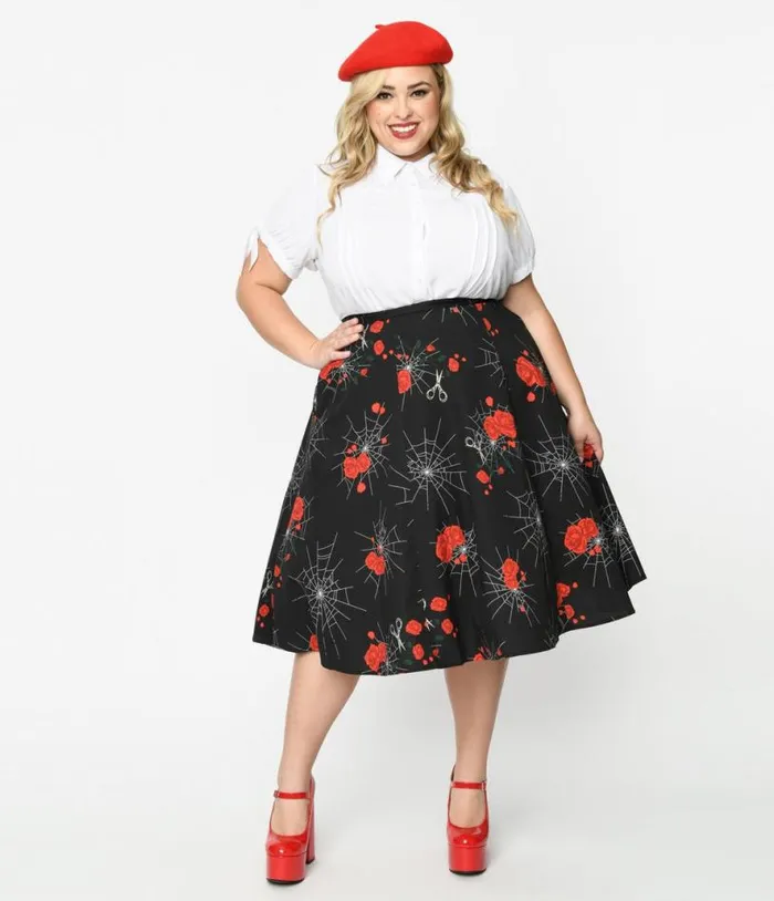 Collectif 1940s Black Spinners Web and Roses Swing Skirt ClothingHalloween Unique Vintage Skirts Collectif 1940s Black Spinners Web and Roses Swing Skirt ClothingHalloween Unique Vintage Skirts
